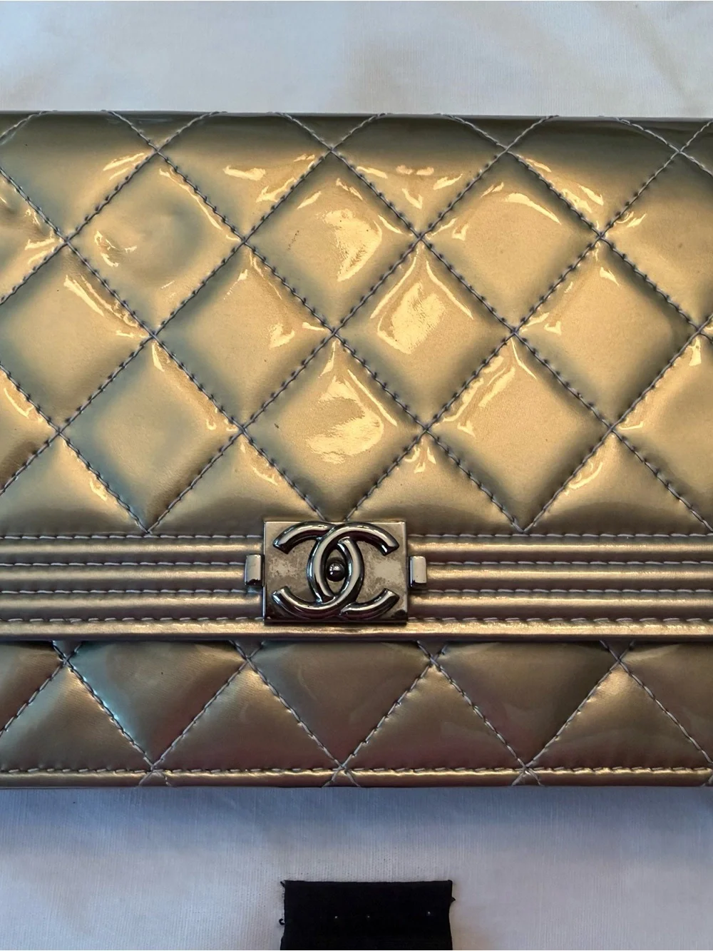 CHANEL Quilted Patent Leather Wallet-on-Chain in Metallic Gold